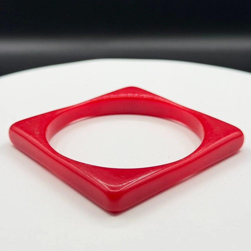 Red Geometric Square Lucite Bangle Bracelet Chunky Statement Retro Boho Gift